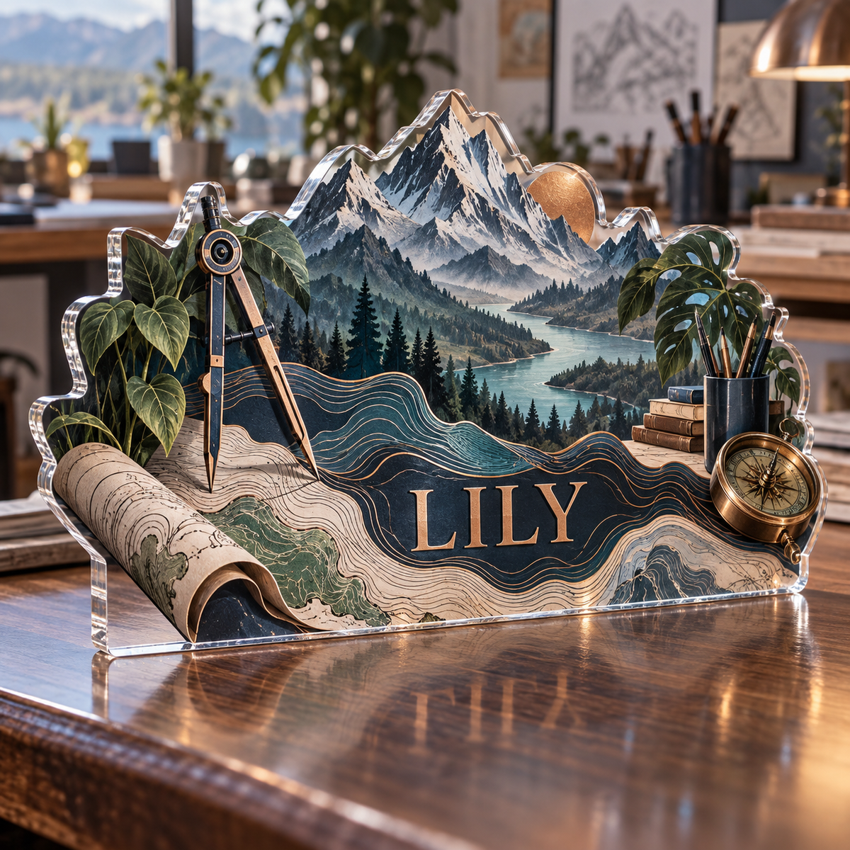Artwork visualization: Topographic workspace — creative studio gift, personalized LILY, subject-shaped acrylic with printed optical 3D depth; not carved relief.