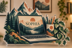 Artwork visualization: Topographic workspace — coordinated office wall, personalized SOPHIA, subject-shaped acrylic with printed optical 3D depth; not carved relief.