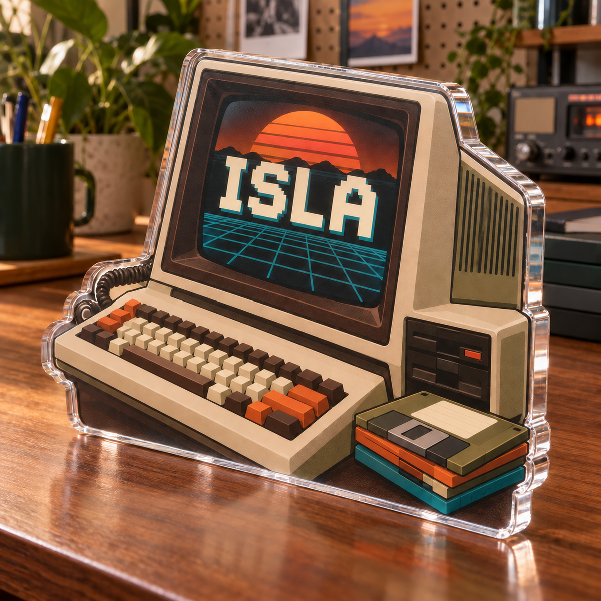 Artwork visualization: Retro terminal illustration — home office desk refresh, personalized ISLA, subject-shaped acrylic with printed optical 3D depth; not carved relief.