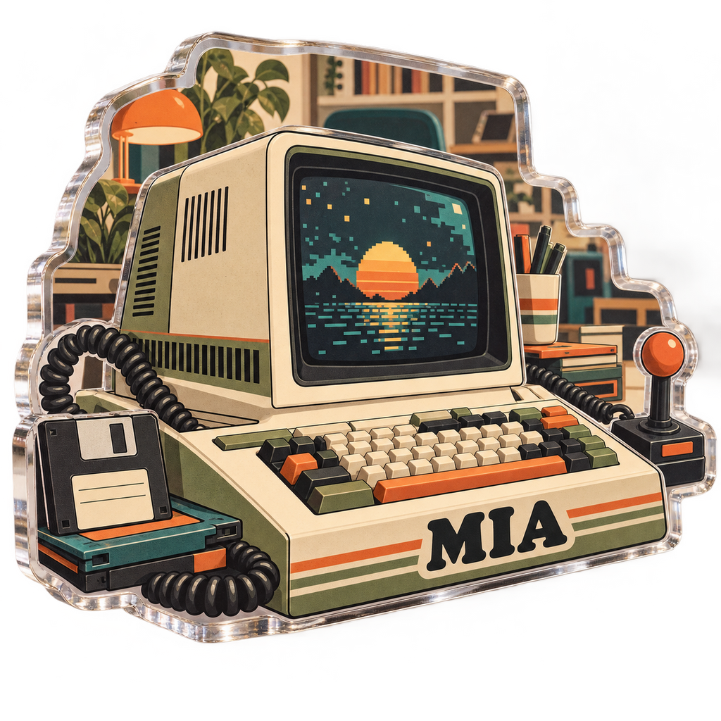Artwork visualization: Retro terminal illustration — personalized workstation, personalized MIA, subject-shaped acrylic with printed optical 3D depth; not carved relief.