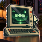 Artwork visualization: Retro terminal illustration — gaming room wall, personalized EMMA, subject-shaped acrylic with printed optical 3D depth; not carved relief.