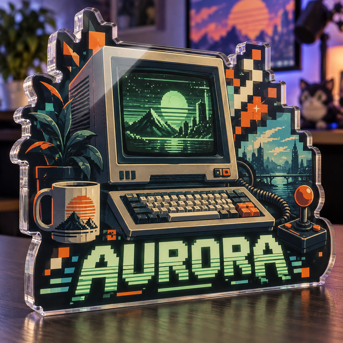 Artwork visualization: Retro terminal illustration — streaming backdrop, personalized AURORA, subject-shaped acrylic with printed optical 3D depth; not carved relief.