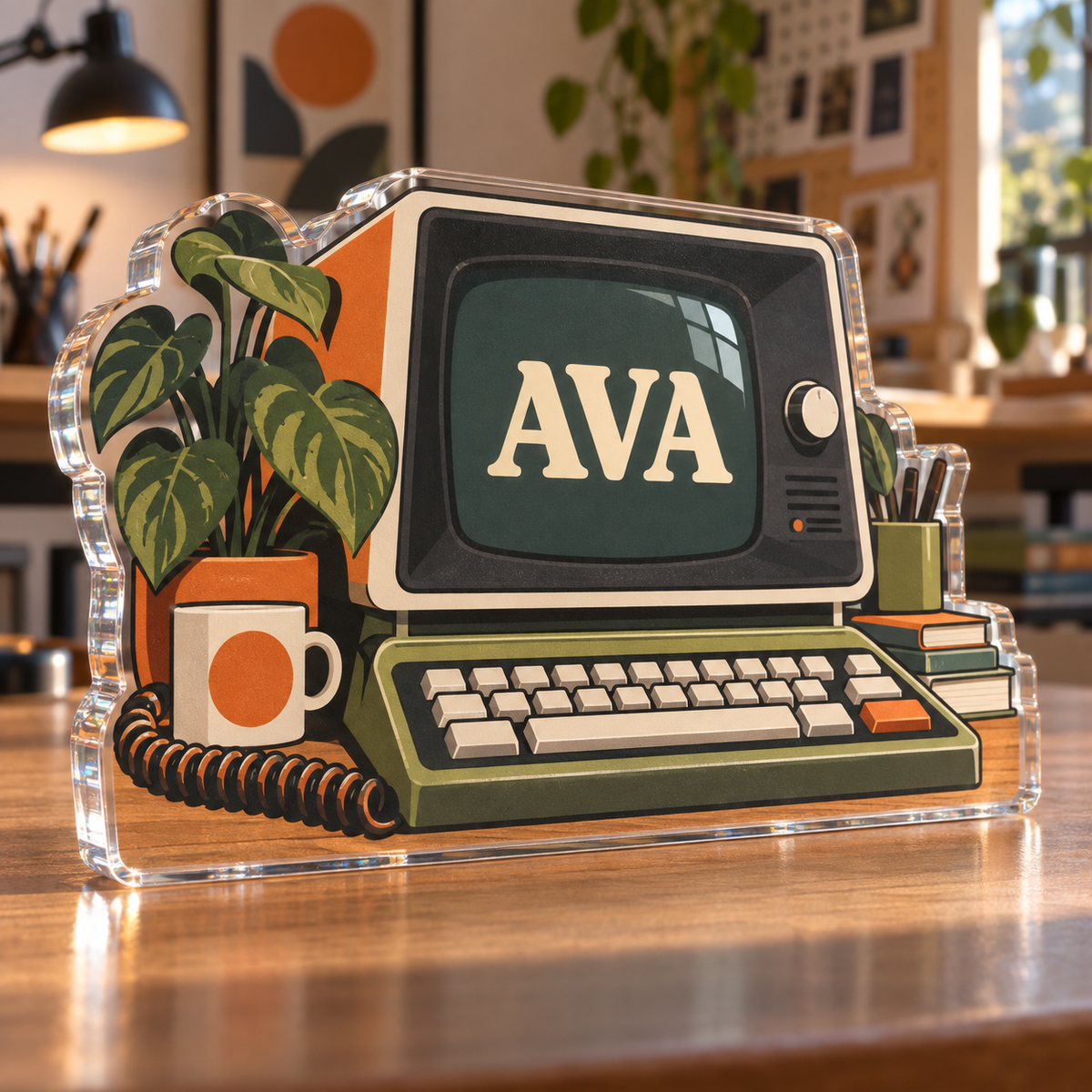 Artwork visualization: Retro terminal illustration — creative studio gift, personalized AVA, subject-shaped acrylic with printed optical 3D depth; not carved relief.