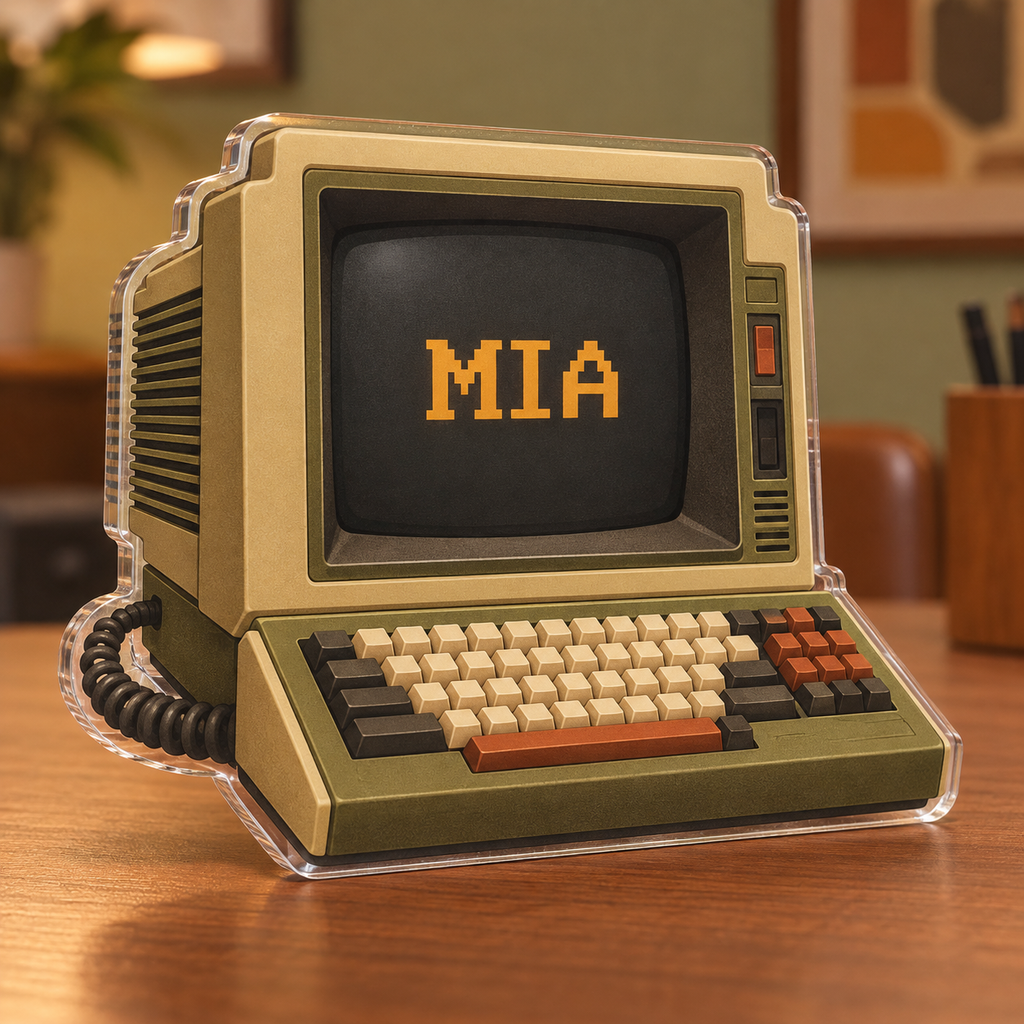 Artwork visualization: Retro terminal illustration — coordinated office wall, personalized MIA, subject-shaped acrylic with printed optical 3D depth; not carved relief.