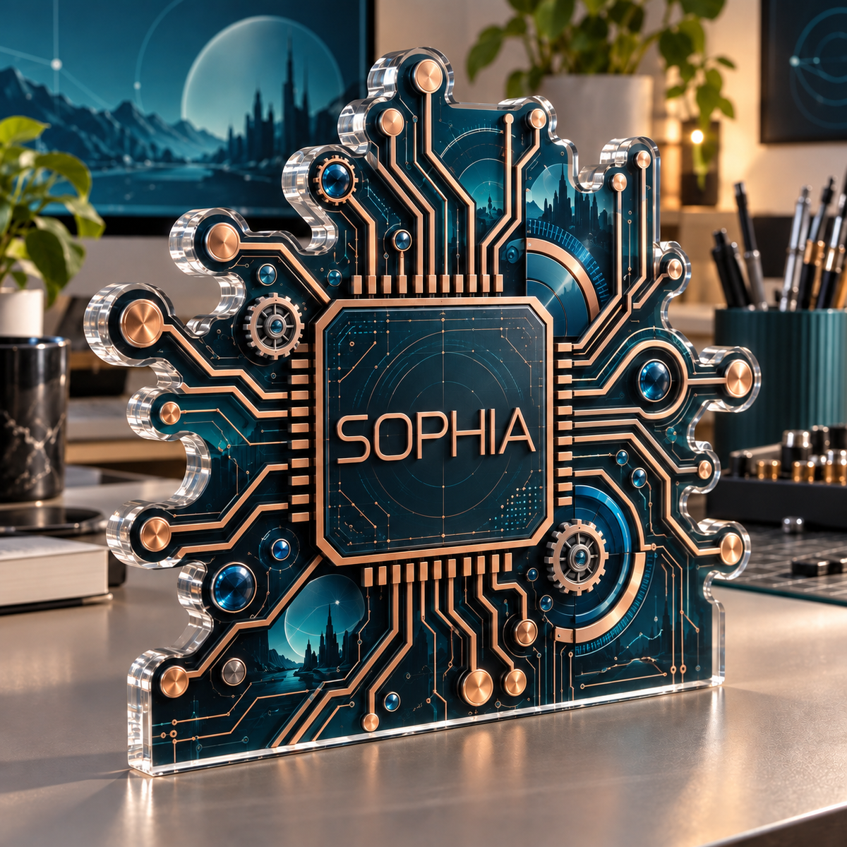 Artwork visualization: Circuit line geometry — home office desk refresh, personalized SOPHIA, subject-shaped acrylic with printed optical 3D depth; not carved relief.
