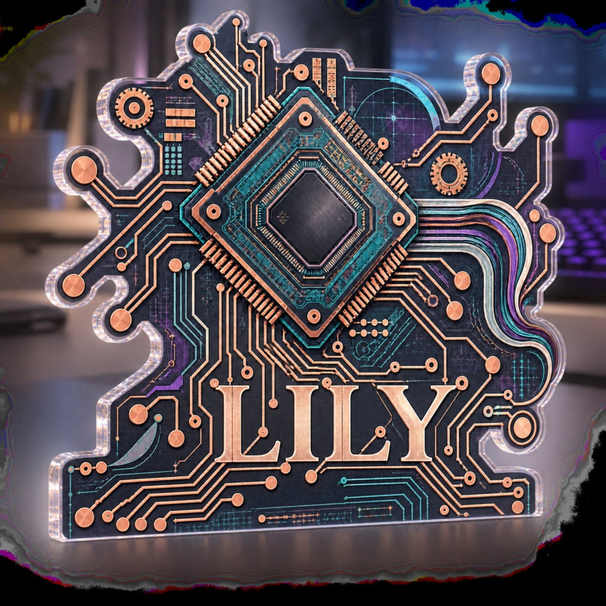 Personalized Circuit Line Geometry Workstation custom shape acrylic plaque with an example name set into the artwork, digital preview