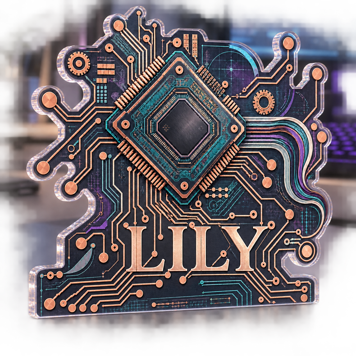 Artwork visualization: Circuit line geometry — personalized workstation, personalized LILY, subject-shaped acrylic with printed optical 3D depth; not carved relief.