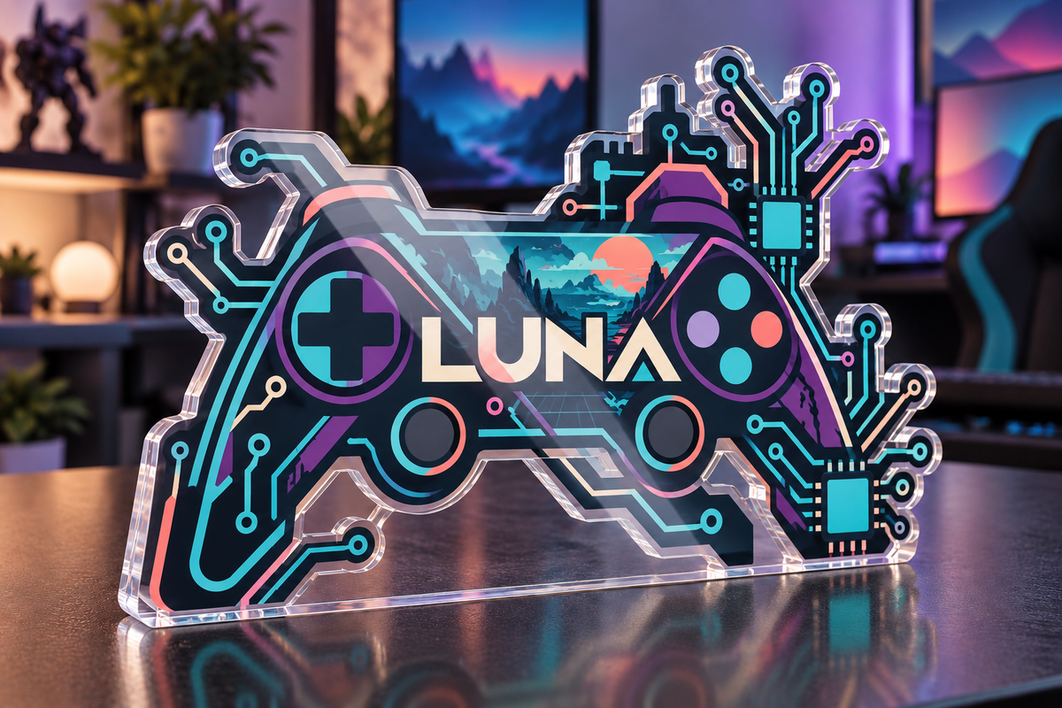 Artwork visualization: Circuit line geometry — gaming room wall, personalized LUNA, subject-shaped acrylic with printed optical 3D depth; not carved relief.