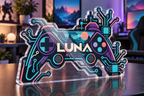 Artwork visualization: Circuit line geometry — gaming room wall, personalized LUNA, subject-shaped acrylic with printed optical 3D depth; not carved relief.