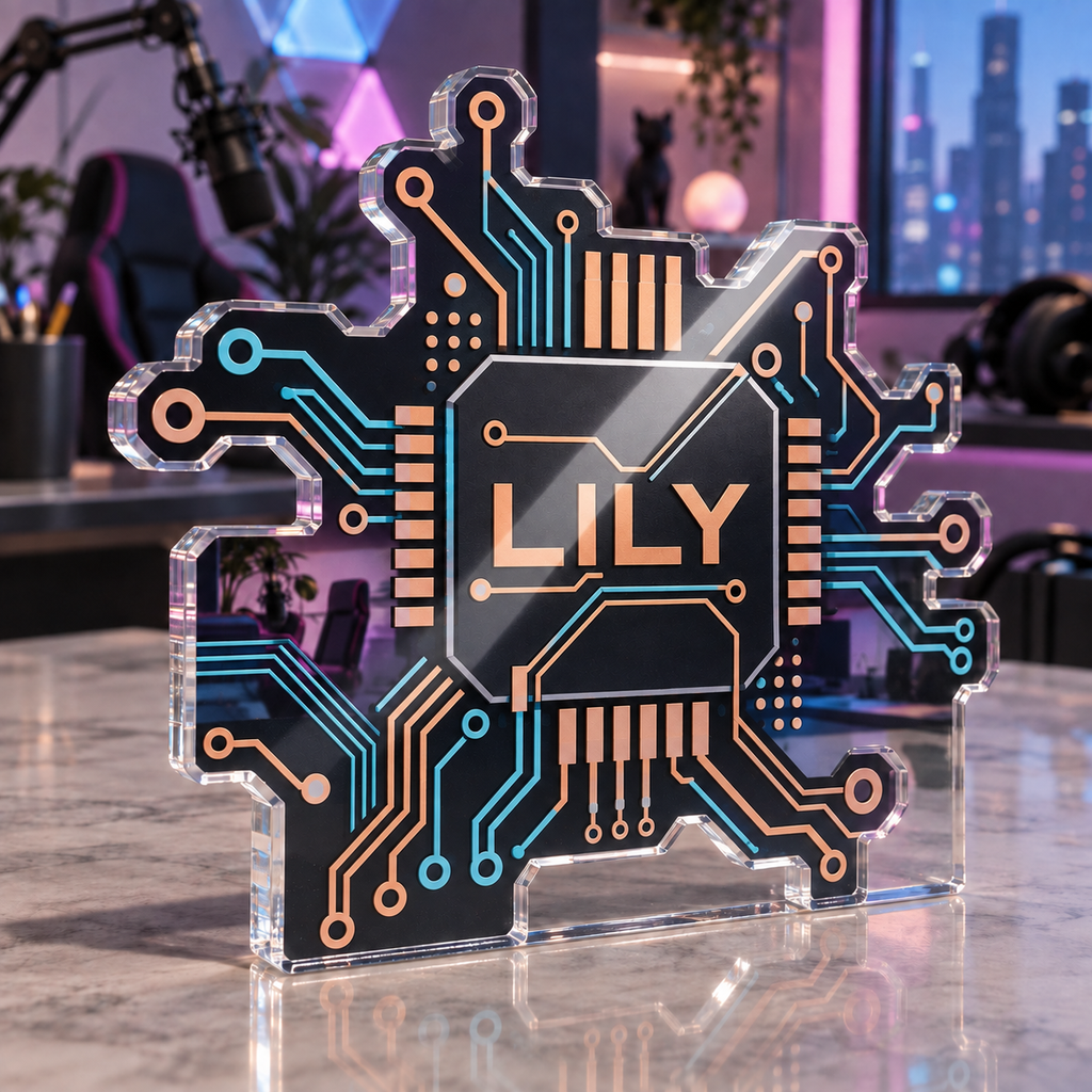 Artwork visualization: Circuit line geometry — streaming backdrop, personalized LILY, subject-shaped acrylic with printed optical 3D depth; not carved relief.