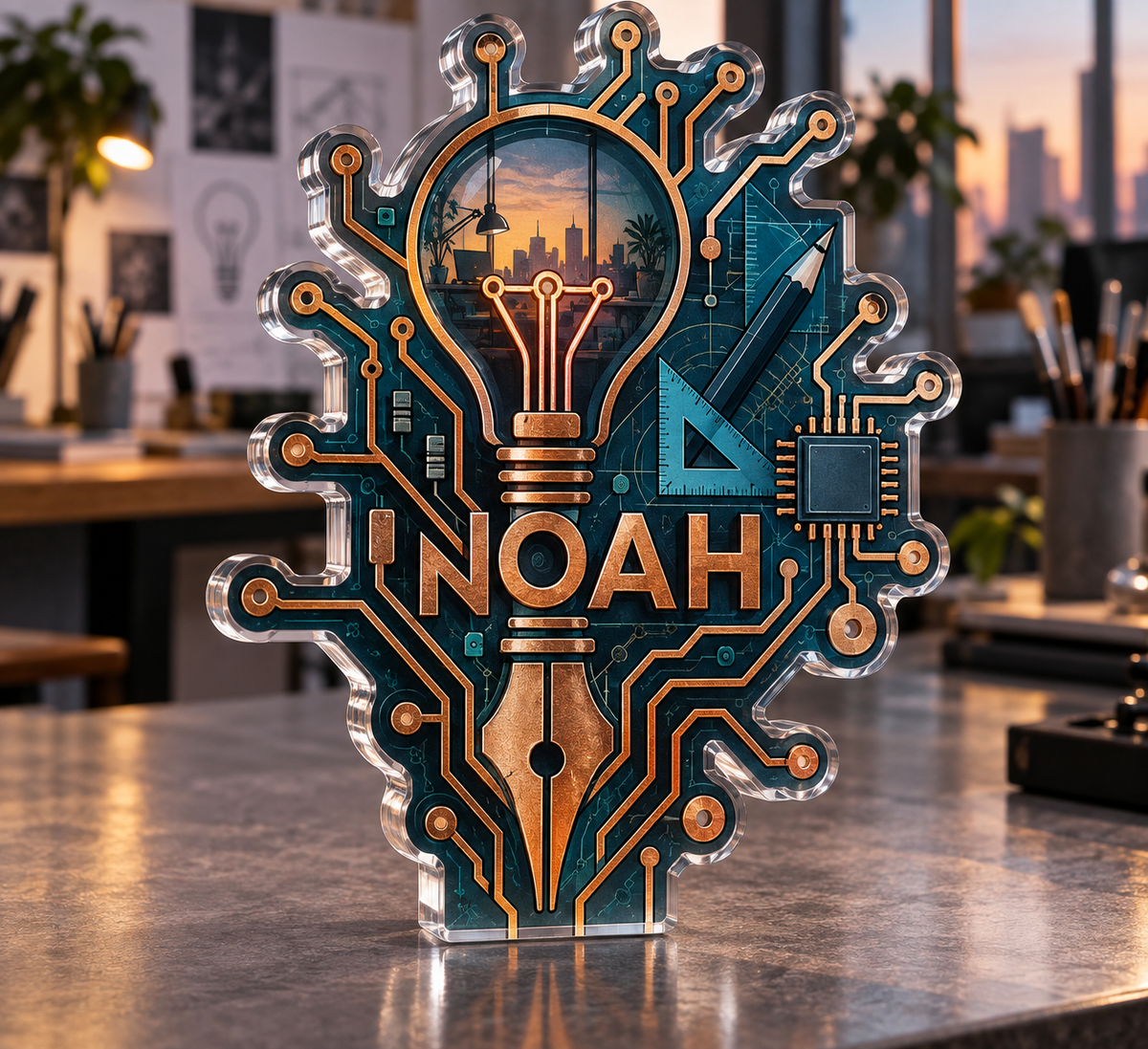 Artwork visualization: Circuit line geometry — creative studio gift, personalized NOAH, subject-shaped acrylic with printed optical 3D depth; not carved relief.