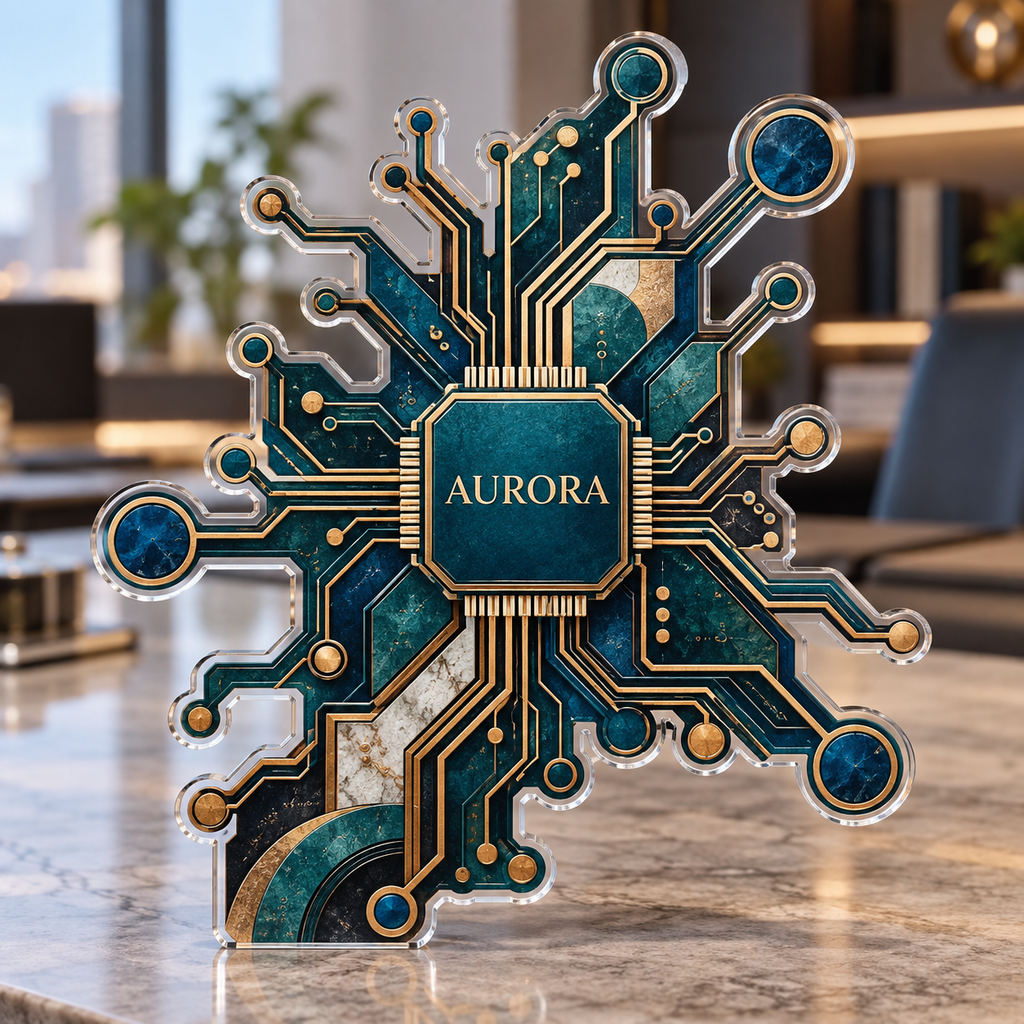 Artwork visualization: Circuit line geometry — coordinated office wall, personalized AURORA, subject-shaped acrylic with printed optical 3D depth; not carved relief.