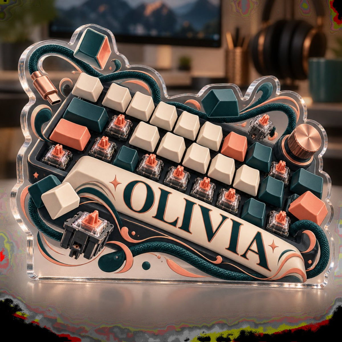 Personalized Mechanical Keyboard Layout Art Workstation custom shape acrylic plaque with an example name set into the artwork, digital preview