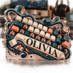 Artwork visualization: Mechanical keyboard layout art — personalized workstation, personalized OLIVIA, subject-shaped acrylic with printed optical 3D depth; not carved relief.
