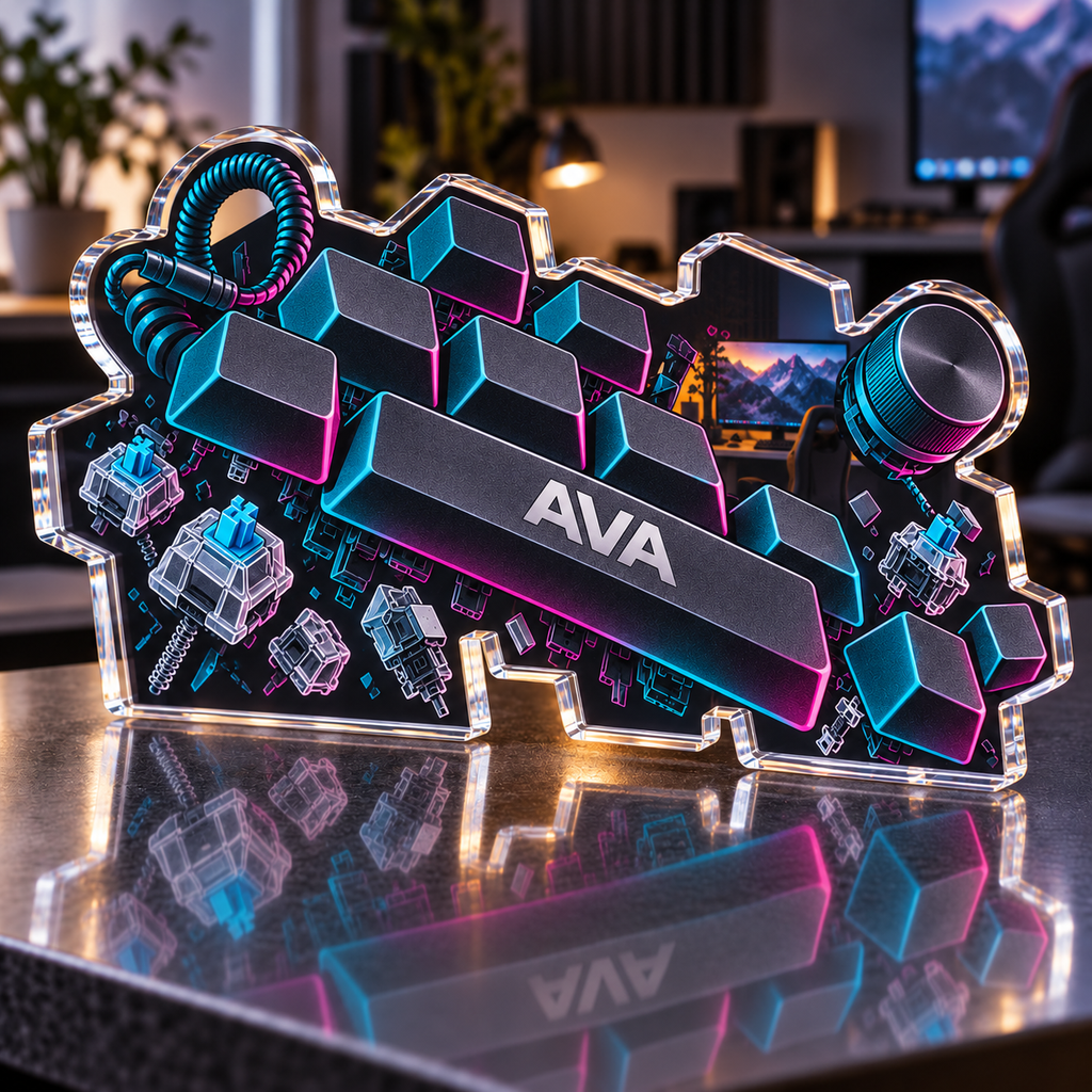 Artwork visualization: Mechanical keyboard layout art — gaming room wall, personalized AVA, subject-shaped acrylic with printed optical 3D depth; not carved relief.