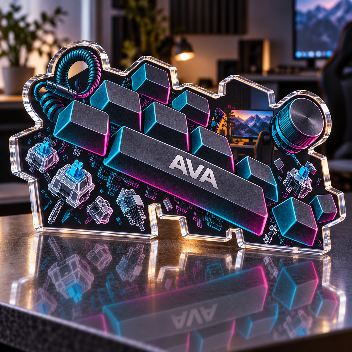 Artwork visualization: Mechanical keyboard layout art — gaming room wall, personalized AVA, subject-shaped acrylic with printed optical 3D depth; not carved relief.