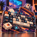 Artwork visualization: Mechanical keyboard layout art — streaming backdrop, personalized MIA, subject-shaped acrylic with printed optical 3D depth; not carved relief.