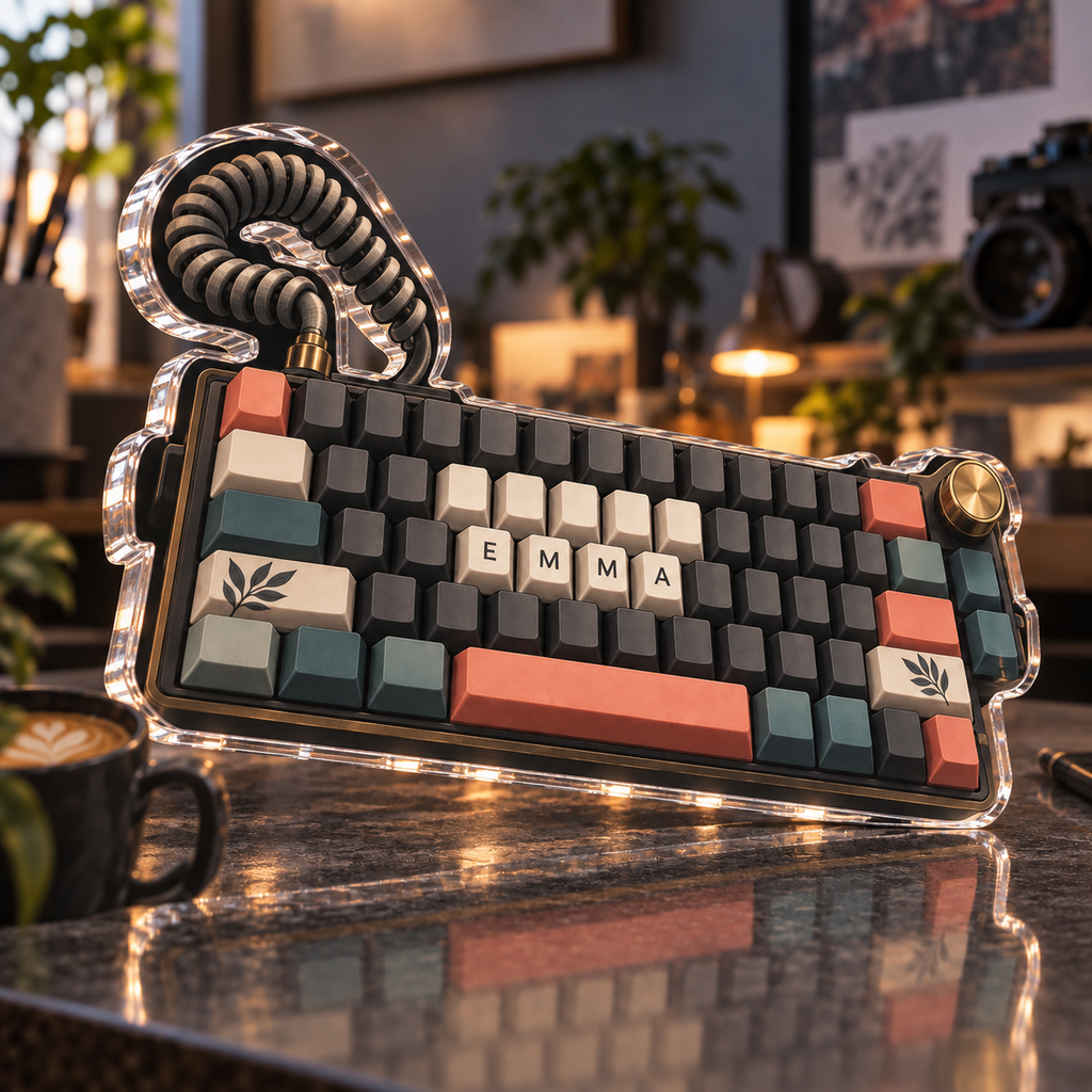 Artwork visualization: Mechanical keyboard layout art — creative studio gift, personalized EMMA, subject-shaped acrylic with printed optical 3D depth; not carved relief.