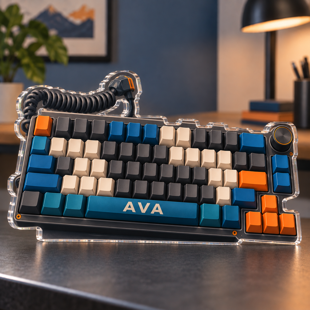 Artwork visualization: Mechanical keyboard layout art — coordinated office wall, personalized AVA, subject-shaped acrylic with printed optical 3D depth; not carved relief.