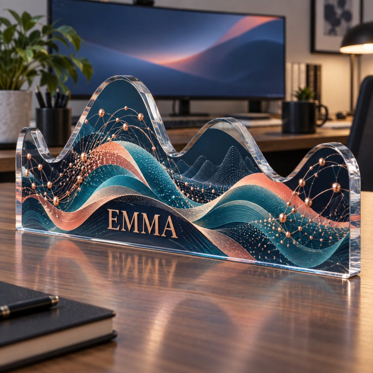Personalized Abstract Data Waves Home Office Desk Refresh custom shape acrylic plaque with an example name set into the artwork, digital preview