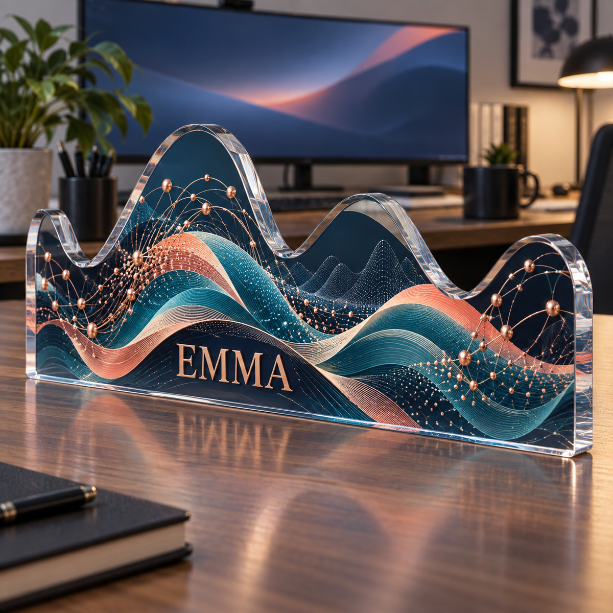 Artwork visualization: Abstract data waves — home office desk refresh, personalized EMMA, subject-shaped acrylic with printed optical 3D depth; not carved relief.