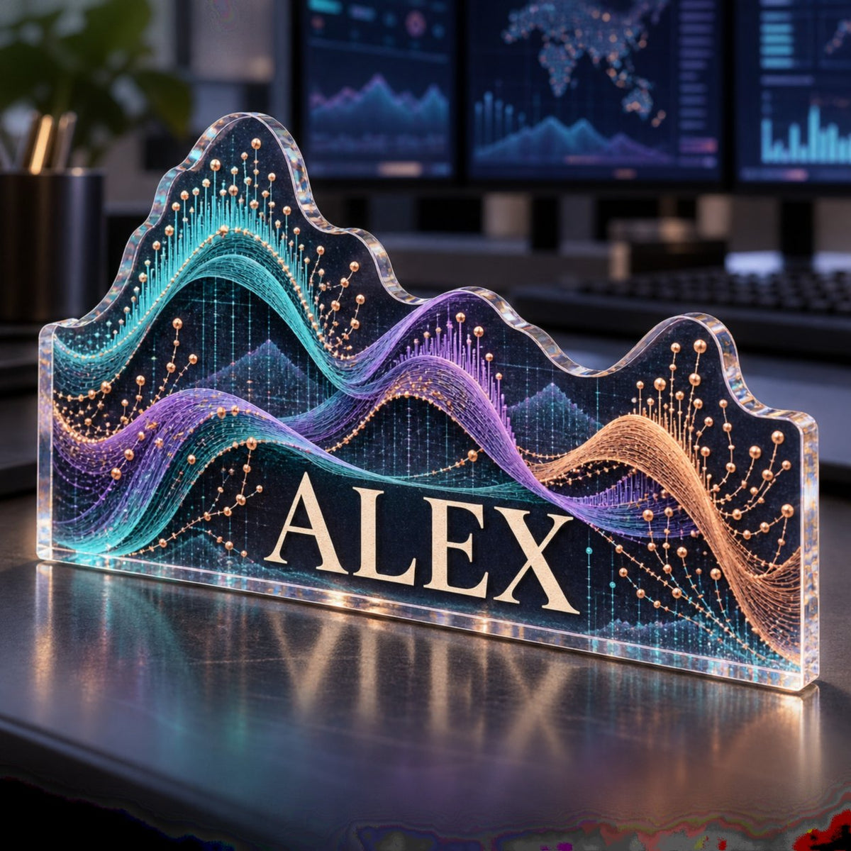 Personalized Abstract Data Waves Workstation custom shape acrylic plaque with an example name set into the artwork, digital preview