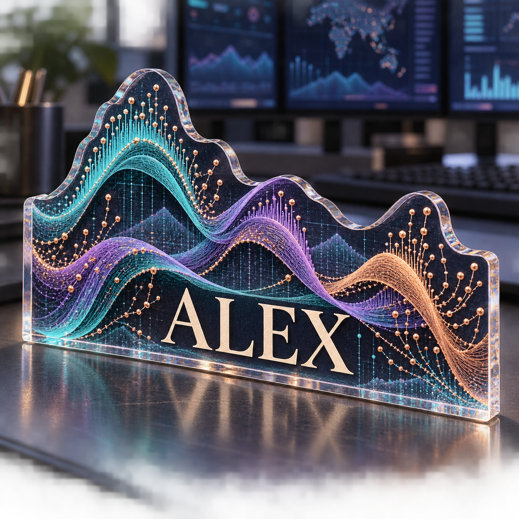 Artwork visualization: Abstract data waves — personalized workstation, personalized ALEX, subject-shaped acrylic with printed optical 3D depth; not carved relief.