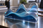 Artwork visualization: Abstract data waves — student study space, personalized JACK, subject-shaped acrylic with printed optical 3D depth; not carved relief.