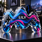 Artwork visualization: Abstract data waves — gaming room wall, personalized LILY, subject-shaped acrylic with printed optical 3D depth; not carved relief.