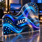 Artwork visualization: Abstract data waves — streaming backdrop, personalized JACK, subject-shaped acrylic with printed optical 3D depth; not carved relief.