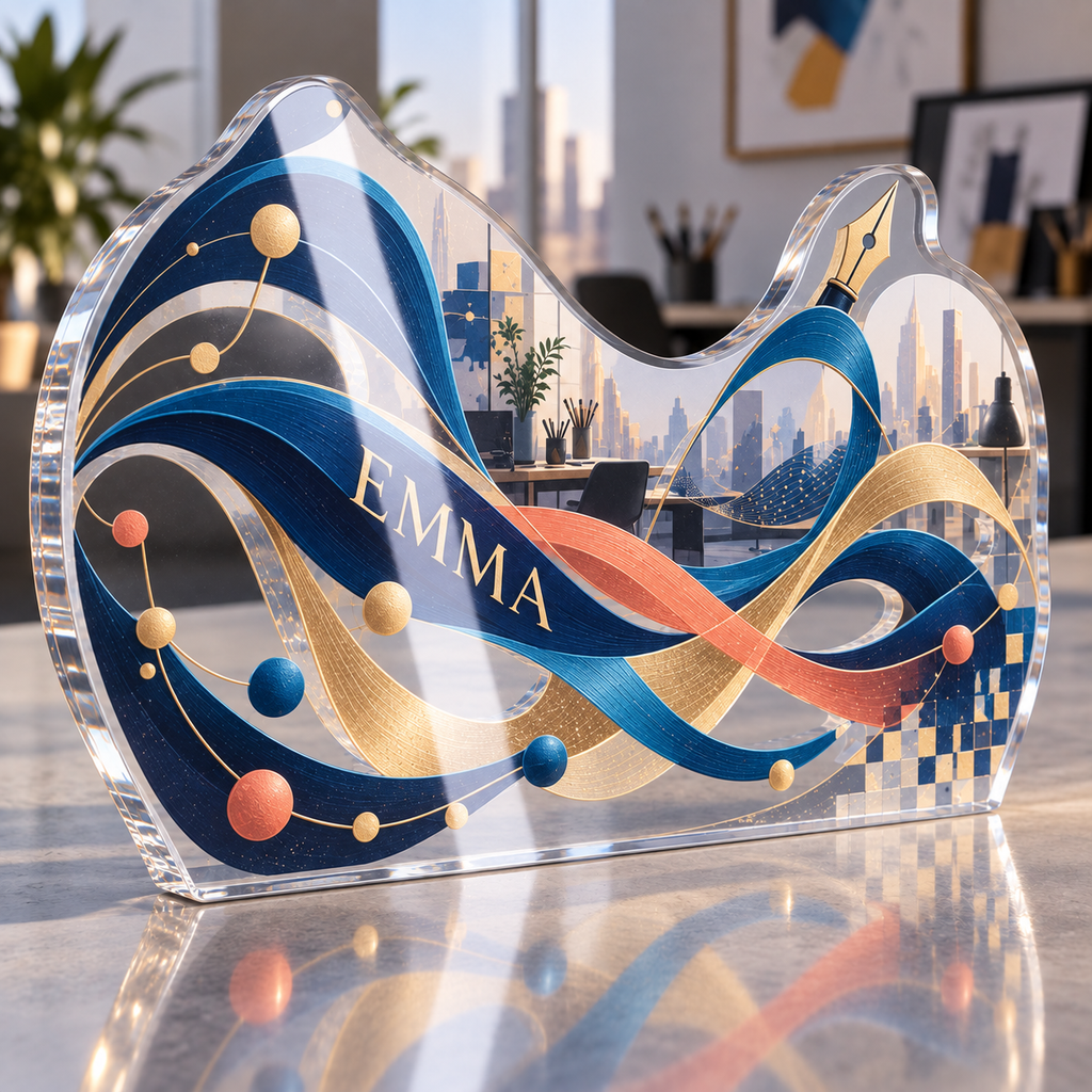 Artwork visualization: Abstract data waves — creative studio gift, personalized EMMA, subject-shaped acrylic with printed optical 3D depth; not carved relief.