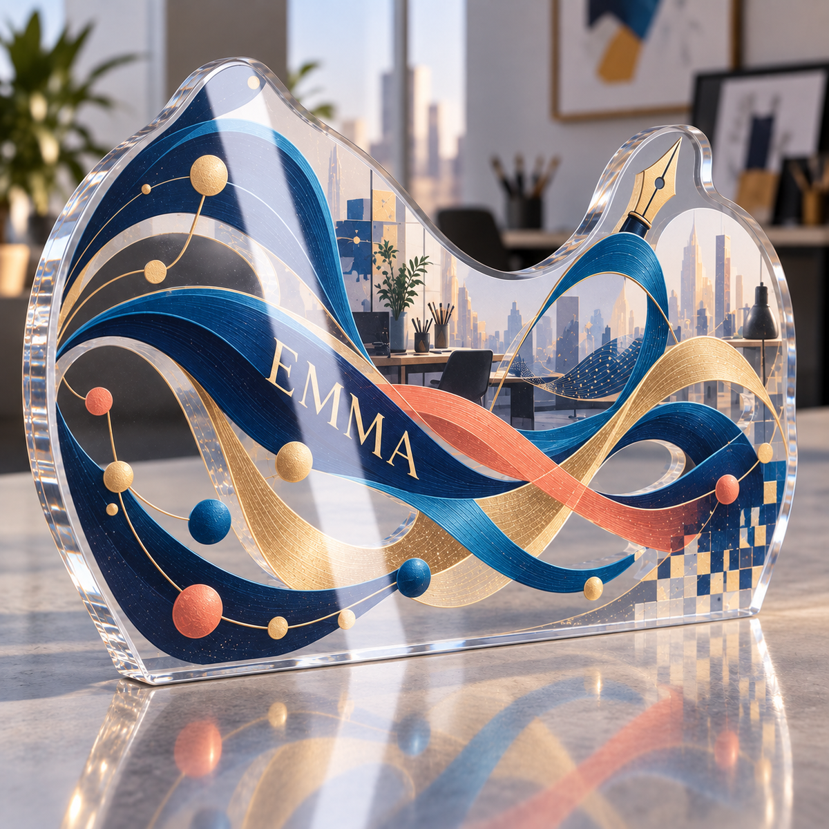 Artwork visualization: Abstract data waves — creative studio gift, personalized EMMA, subject-shaped acrylic with printed optical 3D depth; not carved relief.