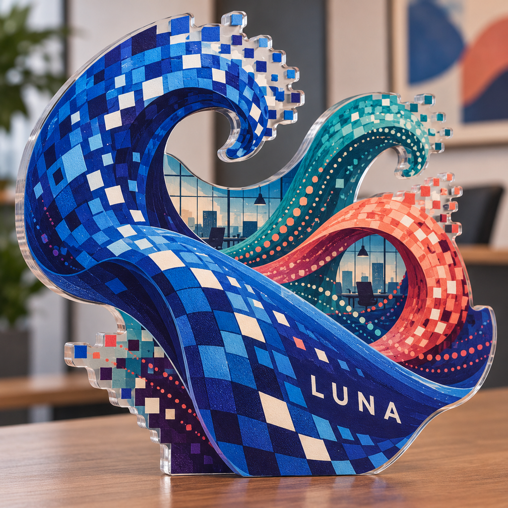 Personalized Abstract Data Waves — Coordinated Office Wall acrylic plaque with an example name set into the artwork, digital preview