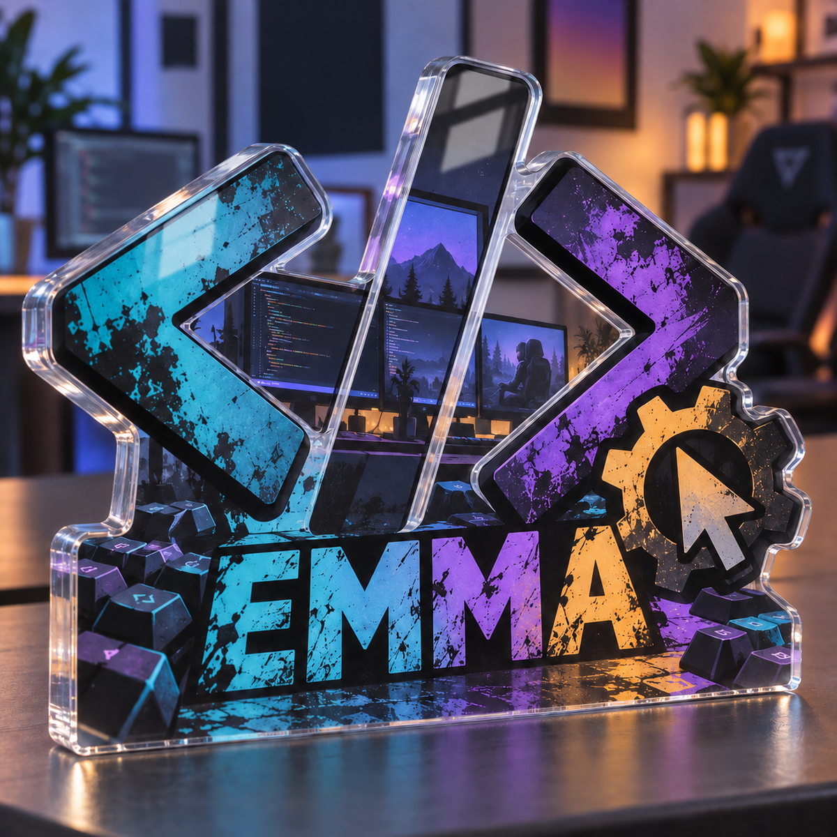 Artwork visualization: Minimal code symbols — gaming room wall, personalized EMMA, subject-shaped acrylic with printed optical 3D depth; not carved relief.