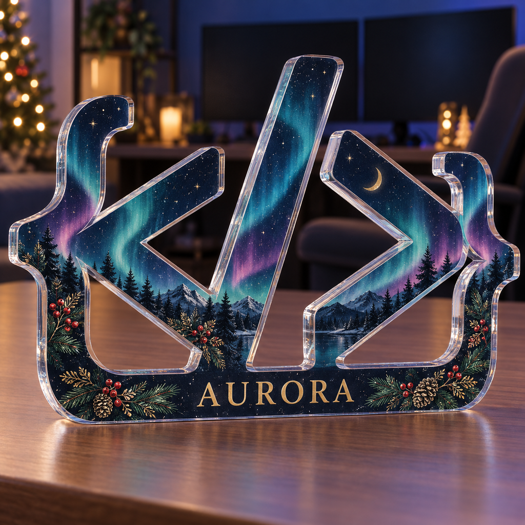 Artwork visualization: Minimal code symbols — streaming backdrop, personalized AURORA, subject-shaped acrylic with printed optical 3D depth; not carved relief.