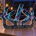 Artwork visualization: Minimal code symbols — streaming backdrop, personalized AURORA, subject-shaped acrylic with printed optical 3D depth; not carved relief.