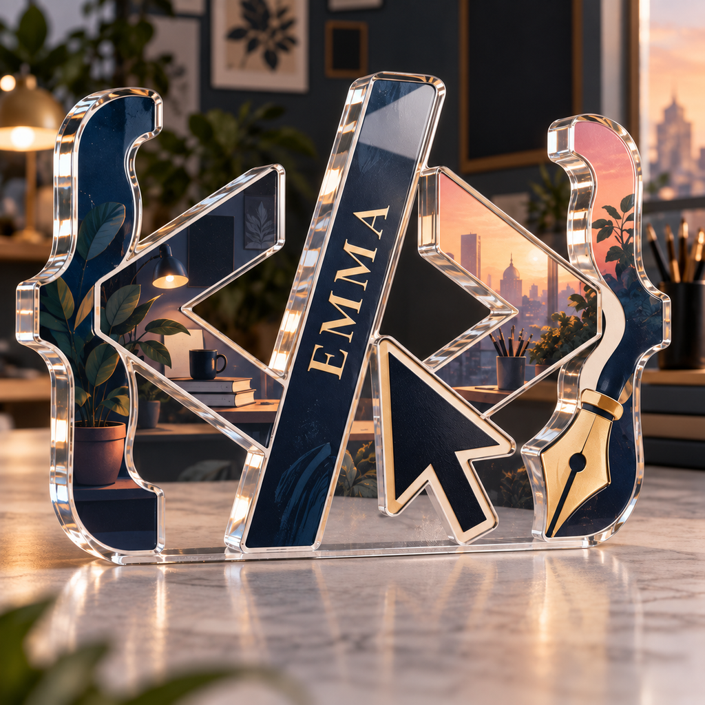 Artwork visualization: Minimal code symbols — creative studio gift, personalized EMMA, subject-shaped acrylic with printed optical 3D depth; not carved relief.