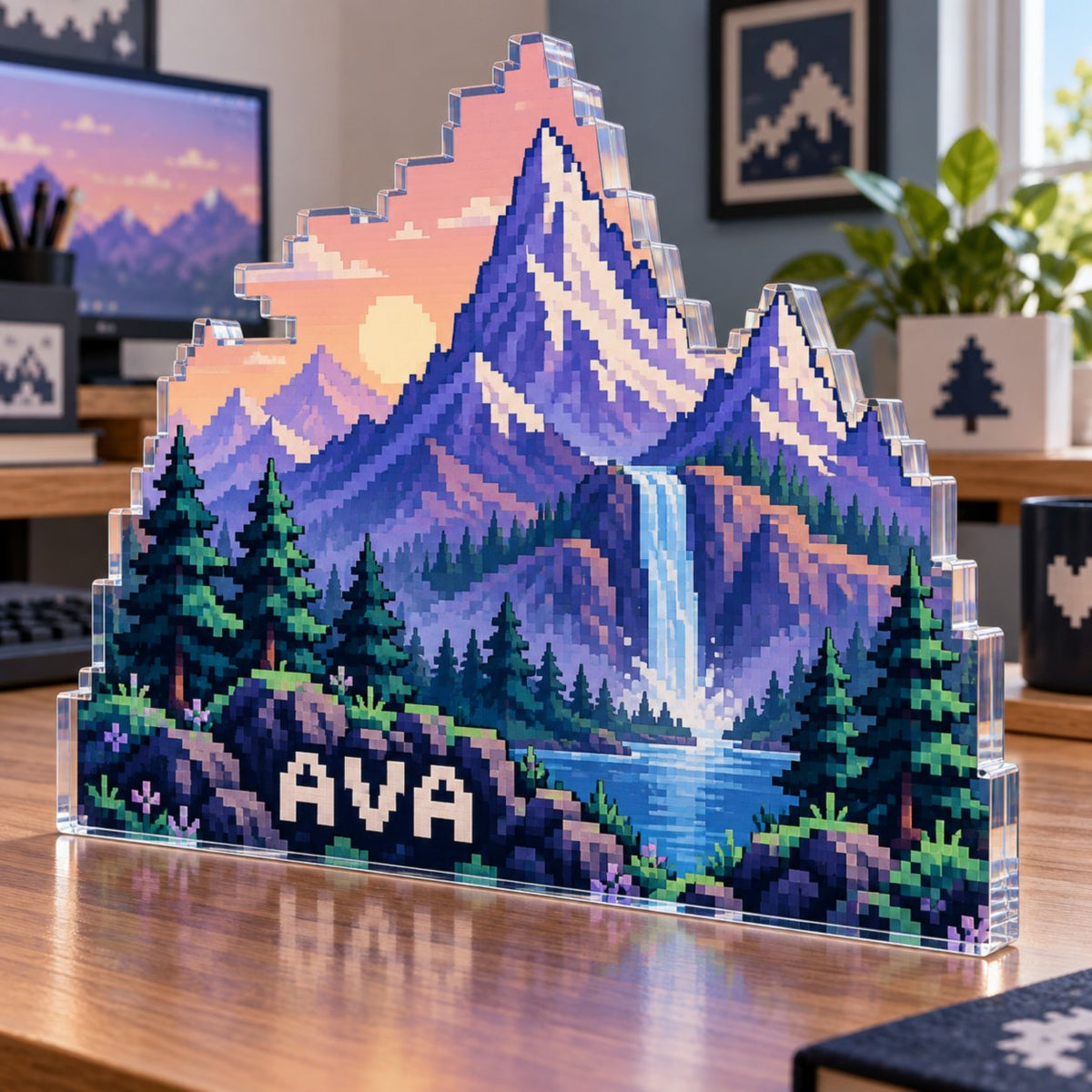 Personalized Pixel Mountain Landscape Home Office Desk Refresh custom shape acrylic plaque with an example name set into the artwork, digital preview