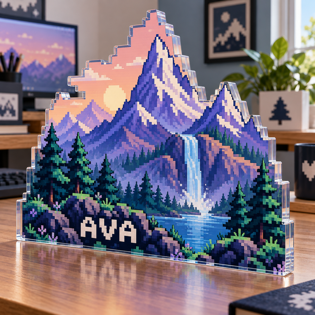 Artwork visualization: Pixel mountain landscape — home office desk refresh, personalized AVA, subject-shaped acrylic with printed optical 3D depth; not carved relief.