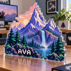 Artwork visualization: Pixel mountain landscape — home office desk refresh, personalized AVA, subject-shaped acrylic with printed optical 3D depth; not carved relief.