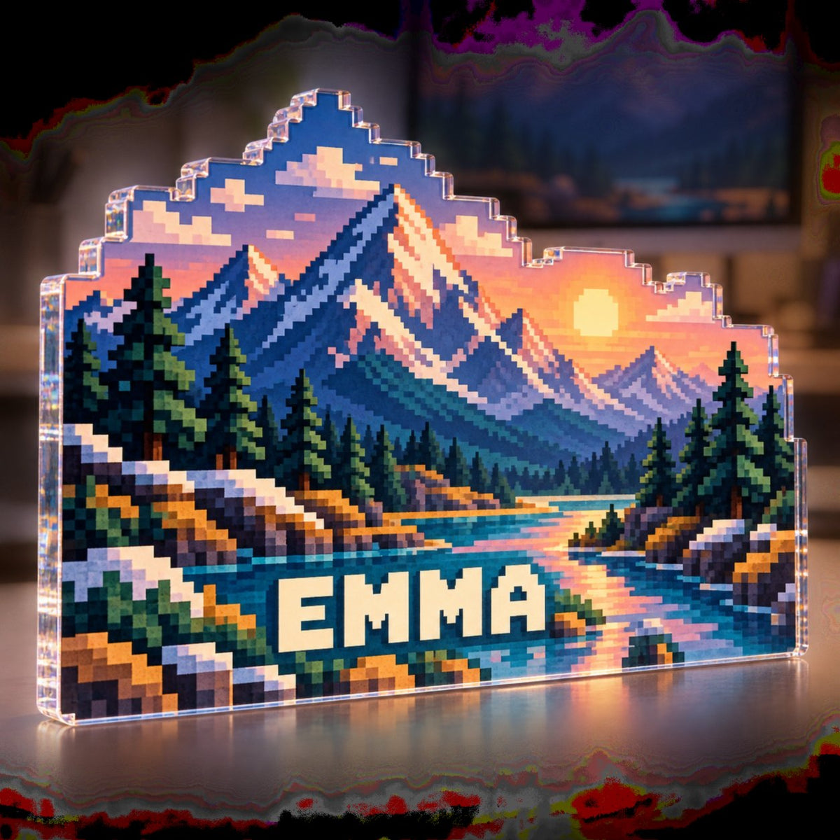 Personalized Pixel Mountain Landscape Workstation custom shape acrylic plaque with an example name set into the artwork, digital preview