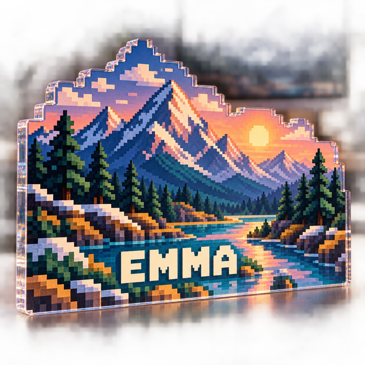 Artwork visualization: Pixel mountain landscape — personalized workstation, personalized EMMA, subject-shaped acrylic with printed optical 3D depth; not carved relief.