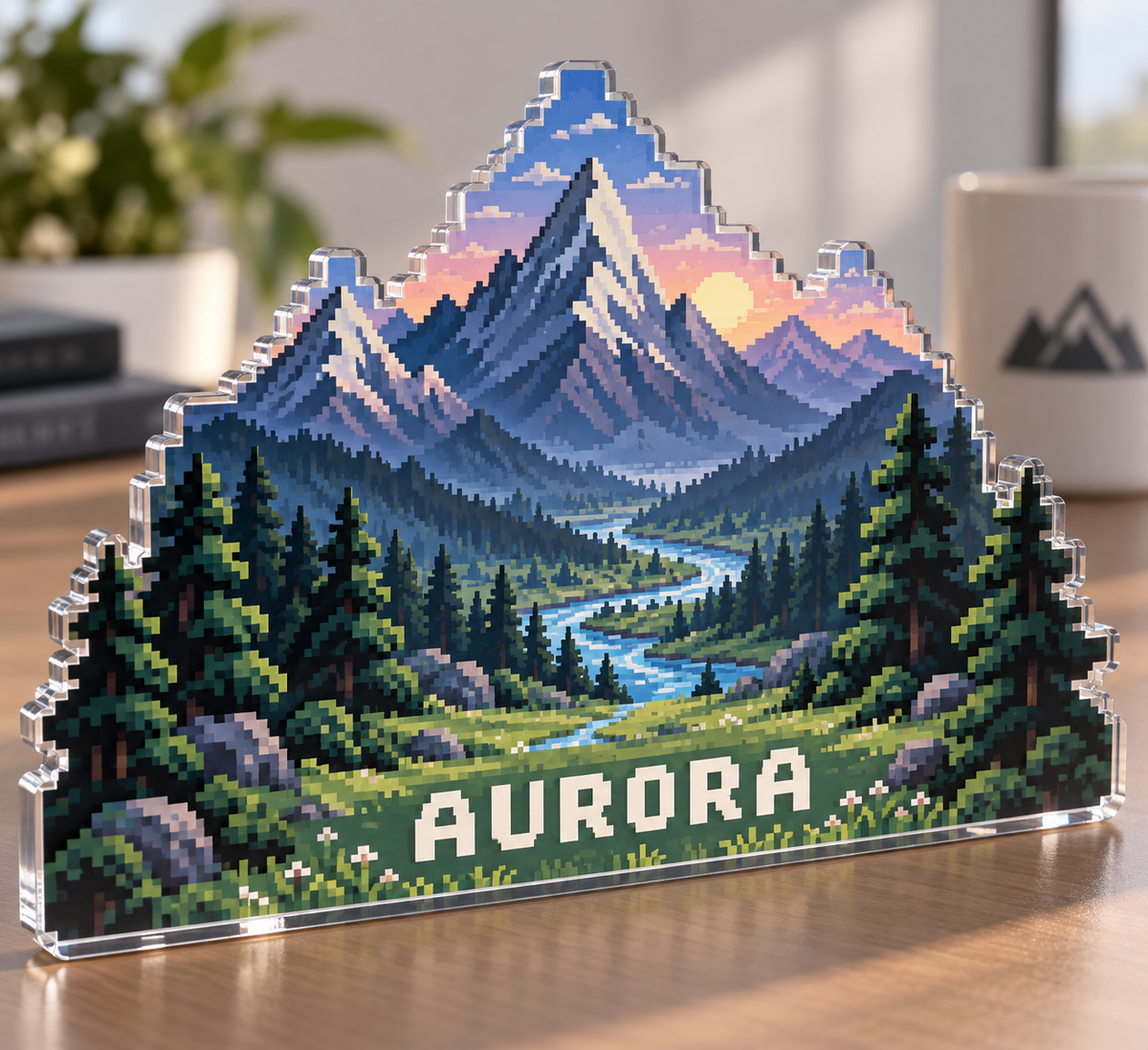 Artwork visualization: Pixel mountain landscape — student study space, personalized AURORA, subject-shaped acrylic with printed optical 3D depth; not carved relief.