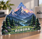 Artwork visualization: Pixel mountain landscape — student study space, personalized AURORA, subject-shaped acrylic with printed optical 3D depth; not carved relief.