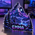 Artwork visualization: Pixel mountain landscape — gaming room wall, personalized EMMA, subject-shaped acrylic with printed optical 3D depth; not carved relief.