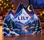 Artwork visualization: Pixel mountain landscape — streaming backdrop, personalized LILY, subject-shaped acrylic with printed optical 3D depth; not carved relief.