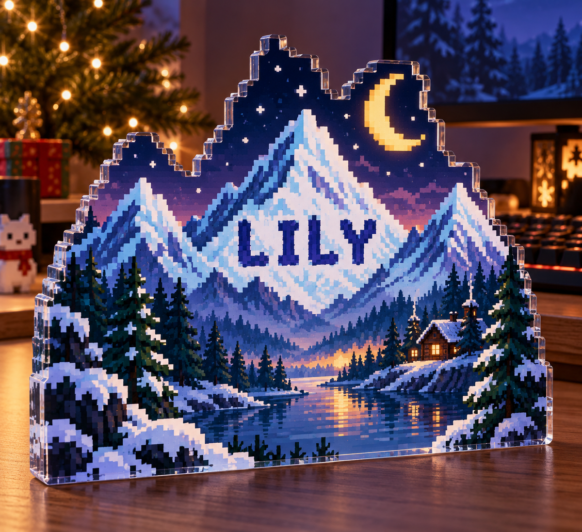 Artwork visualization: Pixel mountain landscape — streaming backdrop, personalized LILY, subject-shaped acrylic with printed optical 3D depth; not carved relief.