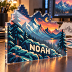 Artwork visualization: Pixel mountain landscape — creative studio gift, personalized NOAH, subject-shaped acrylic with printed optical 3D depth; not carved relief.
