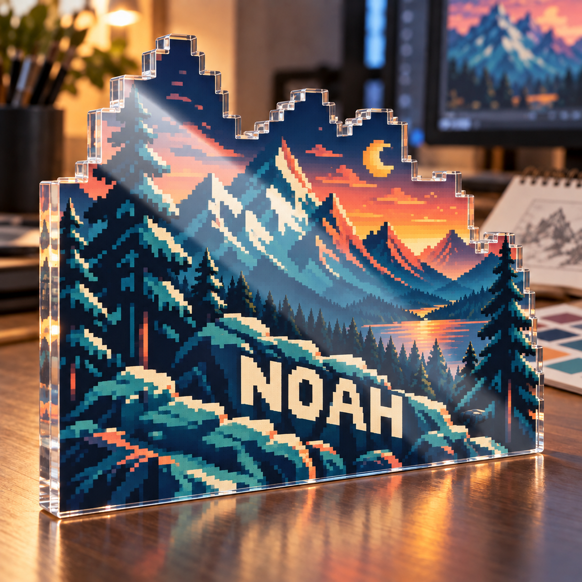 Artwork visualization: Pixel mountain landscape — creative studio gift, personalized NOAH, subject-shaped acrylic with printed optical 3D depth; not carved relief.