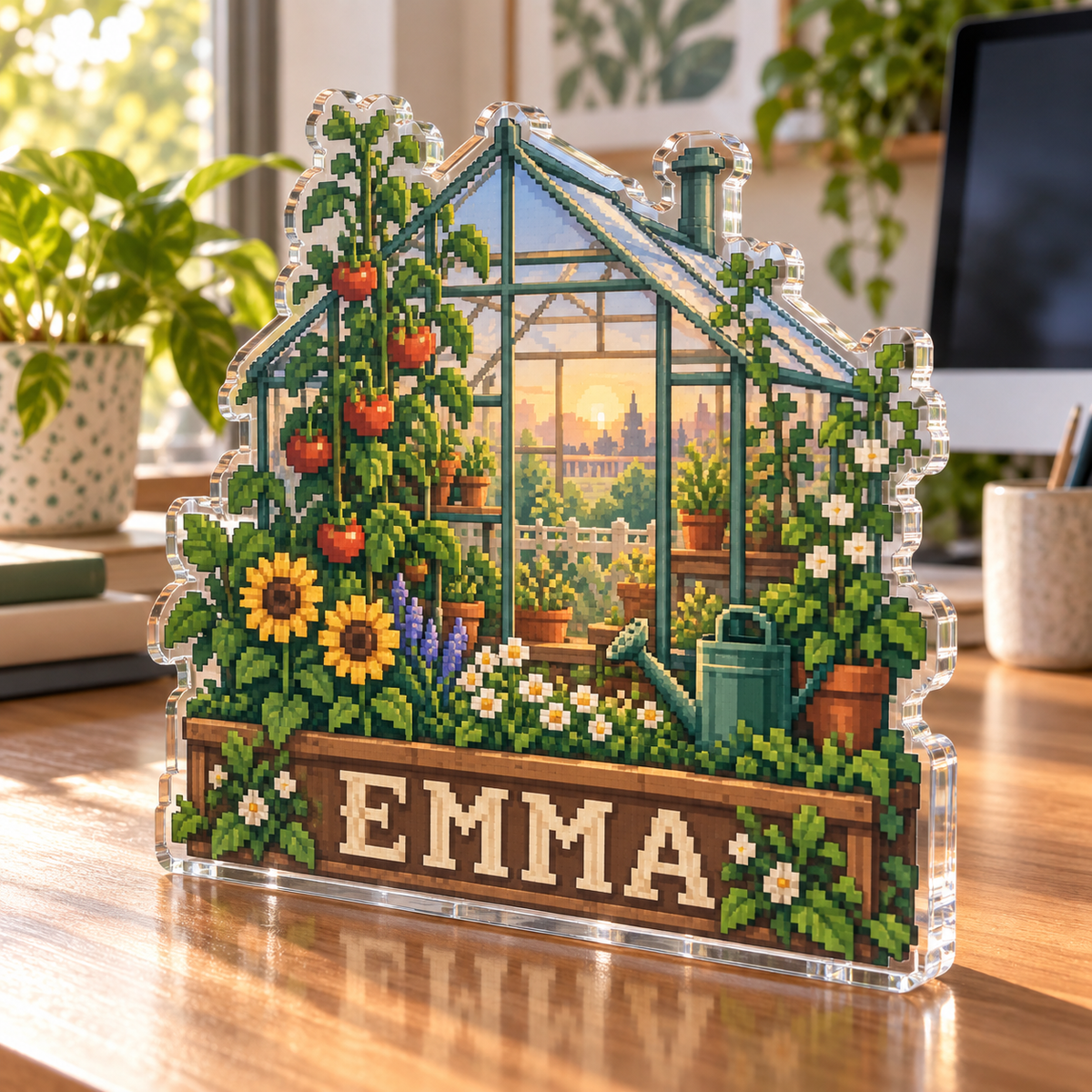 Artwork visualization: Pixel greenhouse — home office desk refresh, personalized EMMA, subject-shaped acrylic with printed optical 3D depth; not carved relief.